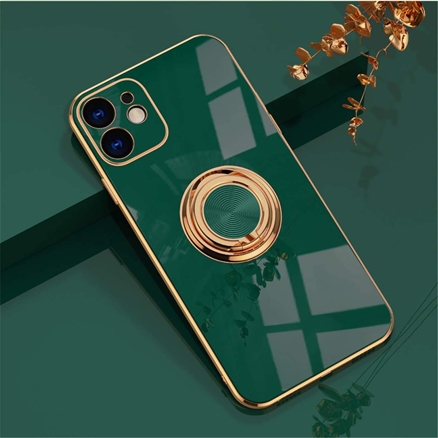 EYZUTAK Electroplated Magnetic Ring Holder Case, 360 Degree with Rotation Metal Finger Ring Holder Magnet Car Holder Soft Silicone Shockproof Cover for iPhone 12 6.1 inch - Drak Green — image 1