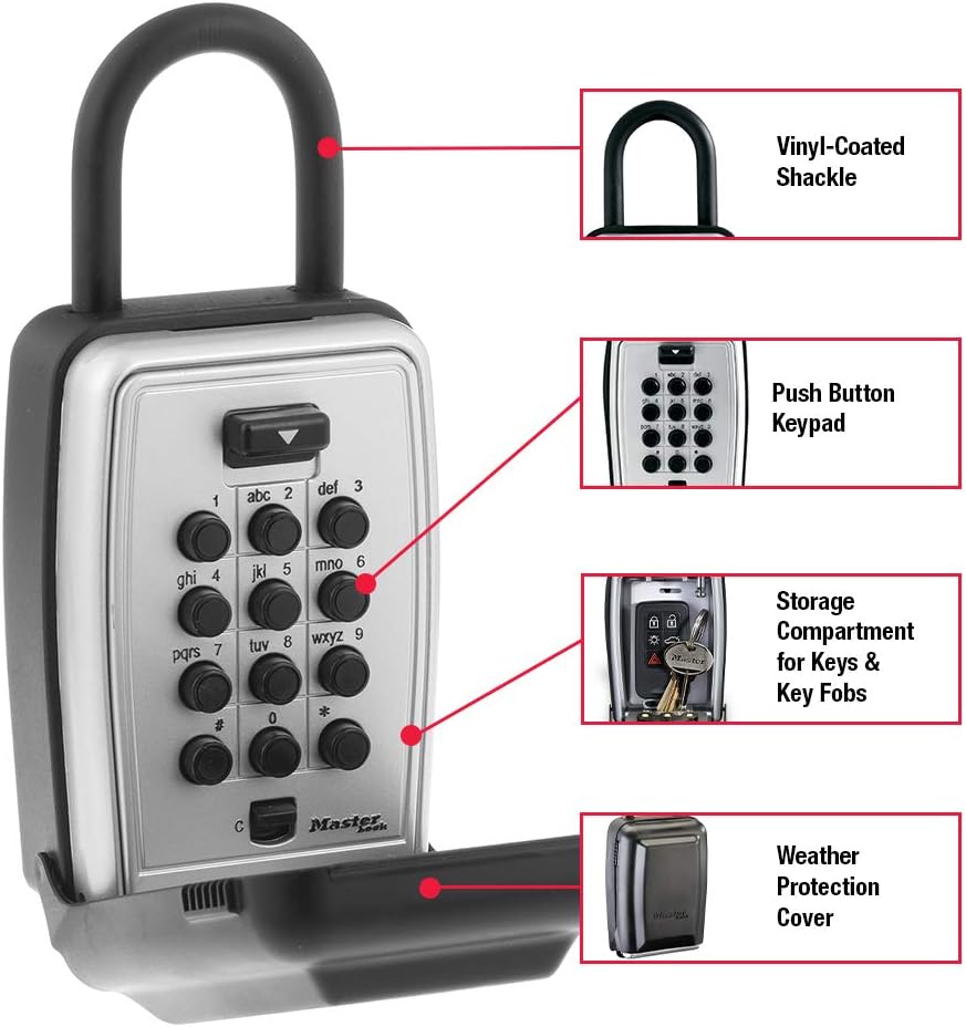 Master Lock 5422D Set Your Own Combination Portable Push Button Lock Box, 5 Key Capacity, Black - - 