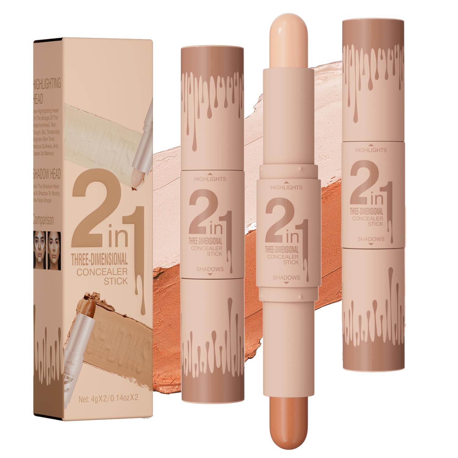 2-in-1 3D Concealer Stick for Facial Contouring & Highlighting - Dual Ended Highlighter & Bronzer for Sculpting and Brightening, Waterproof Long-Lasting Creamy Matte Makeup