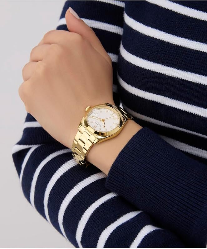 Alice GW0934L2 - Reloj de Pulsera para Mujer con Fecha, Correa de Acero Inoxidable, Cristal Mineral, Esfera Blanca, 3 Bares, diámetro de la Caja: 32 mm