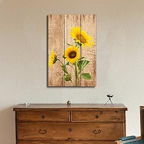 Tall Yellow Sunflowers Over Wood Panels - Nature - Canvas Art Home Art - 12x18 inches