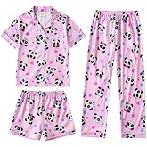 MyFav Girls Pajama Sets 3pcs Button Down Short Sleeve Top Shorts & Long Pants With Cute Patterns SleepwearNighty For Teens