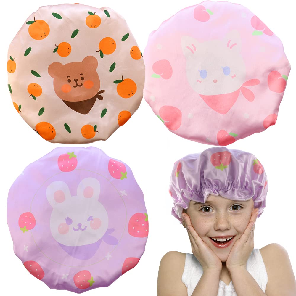 Photo 1 of TCOTBE 3 Pcs Shower Caps Rabbits Prints Double Layers Children Shower Caps PEVA Bath Hats for Reusable Cartoon Animal Bonnets Hair Covers for Boys and Girls