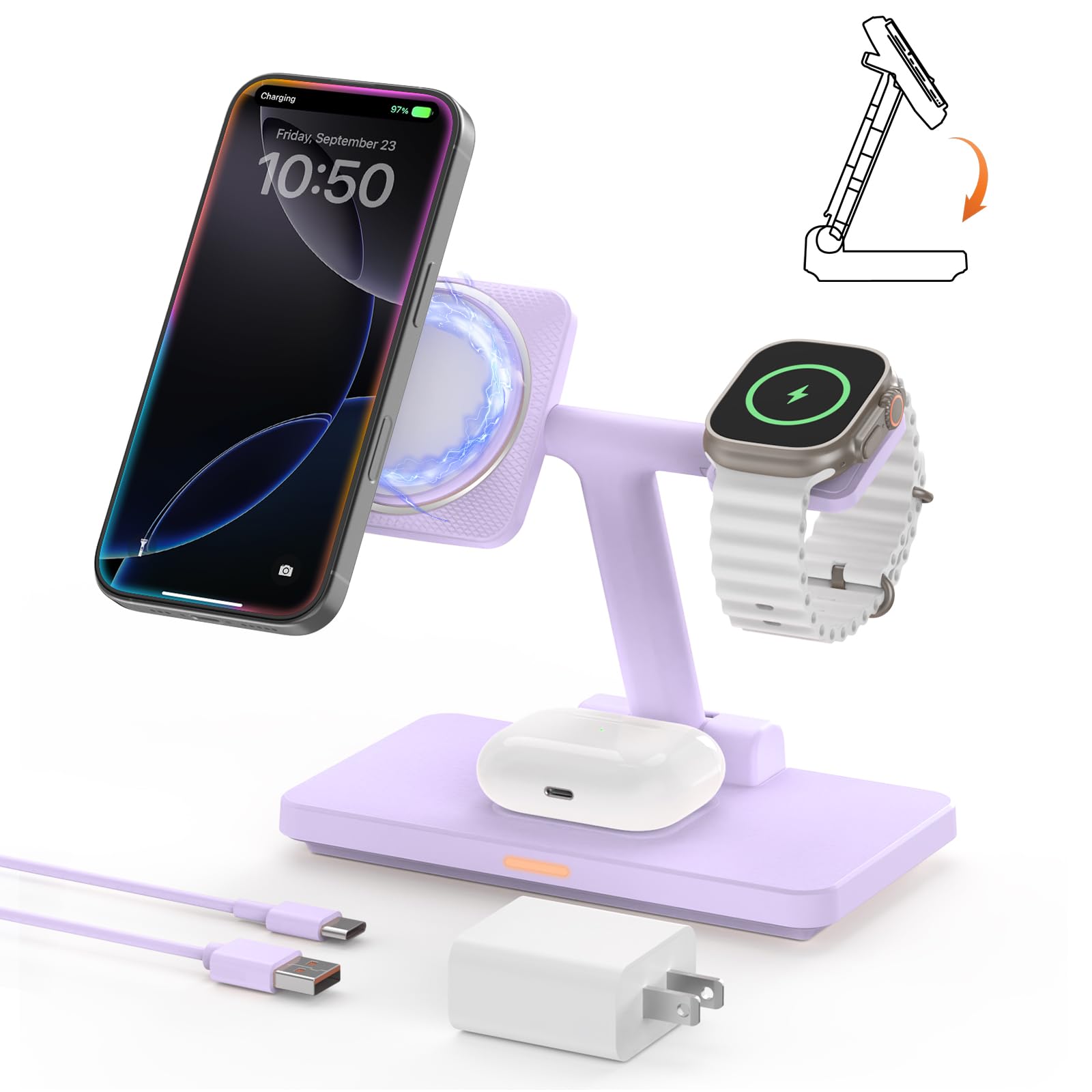GEEKERA Wireless Charging Station for Apple Magsafe, Foldable Magnetic Wireless Charger Stand for Multiple Devices, Wireless Charger for iPhone 16/15/14/13/12 Pro Max, Apple Watch, AirPods 3/2/Pro