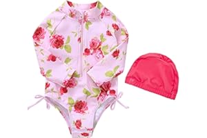 Girls Flower Swimming Costume Child Summer 2PCS Set Beach Wear with Hat Kid Fashion Long Sleeve Zipper Swim Sets