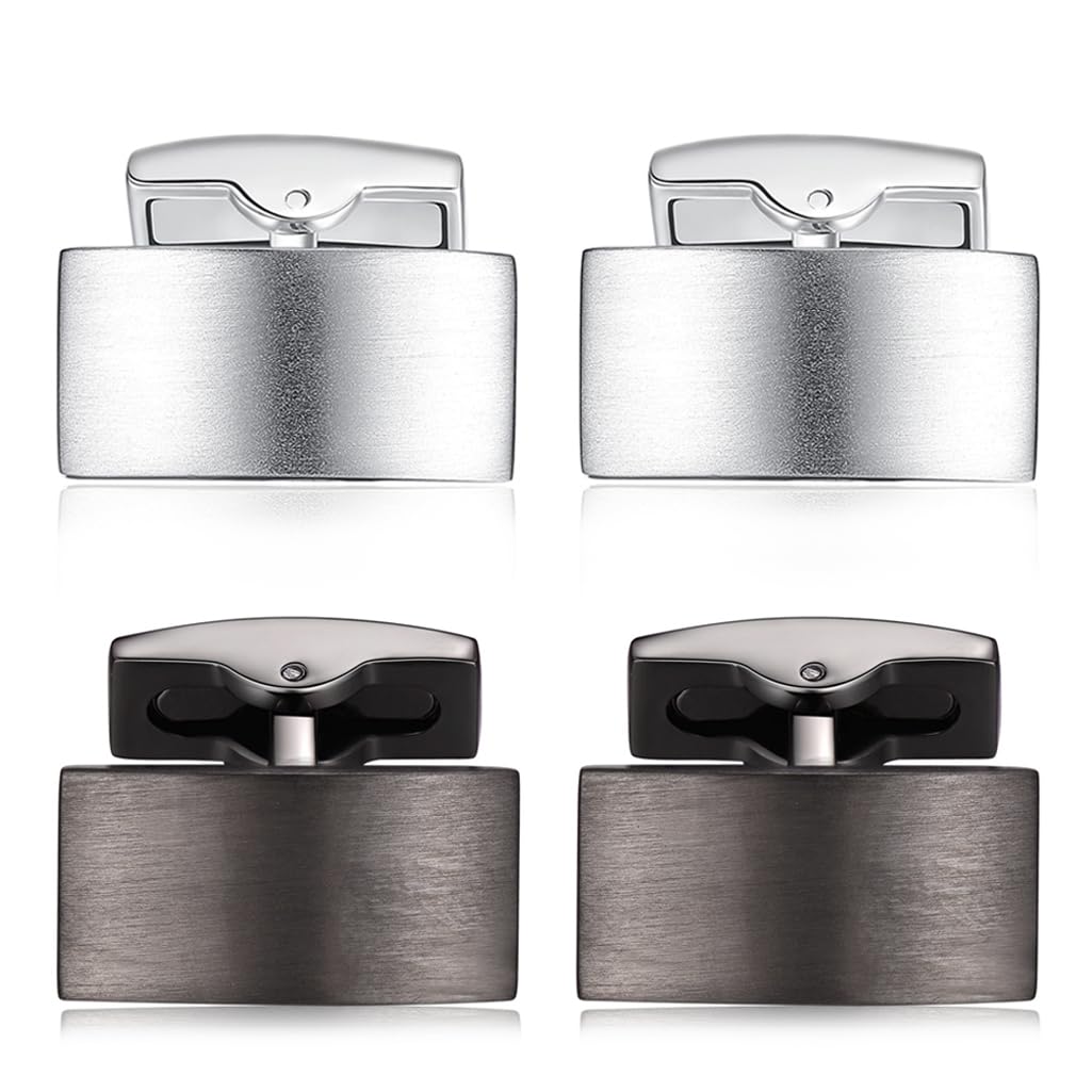 HONEY BEAR Cufflinks Set for Mens - Rectangle Brushed Silver Black, for Business Wedding Gift (Gun Black+Brushed Silver with box)