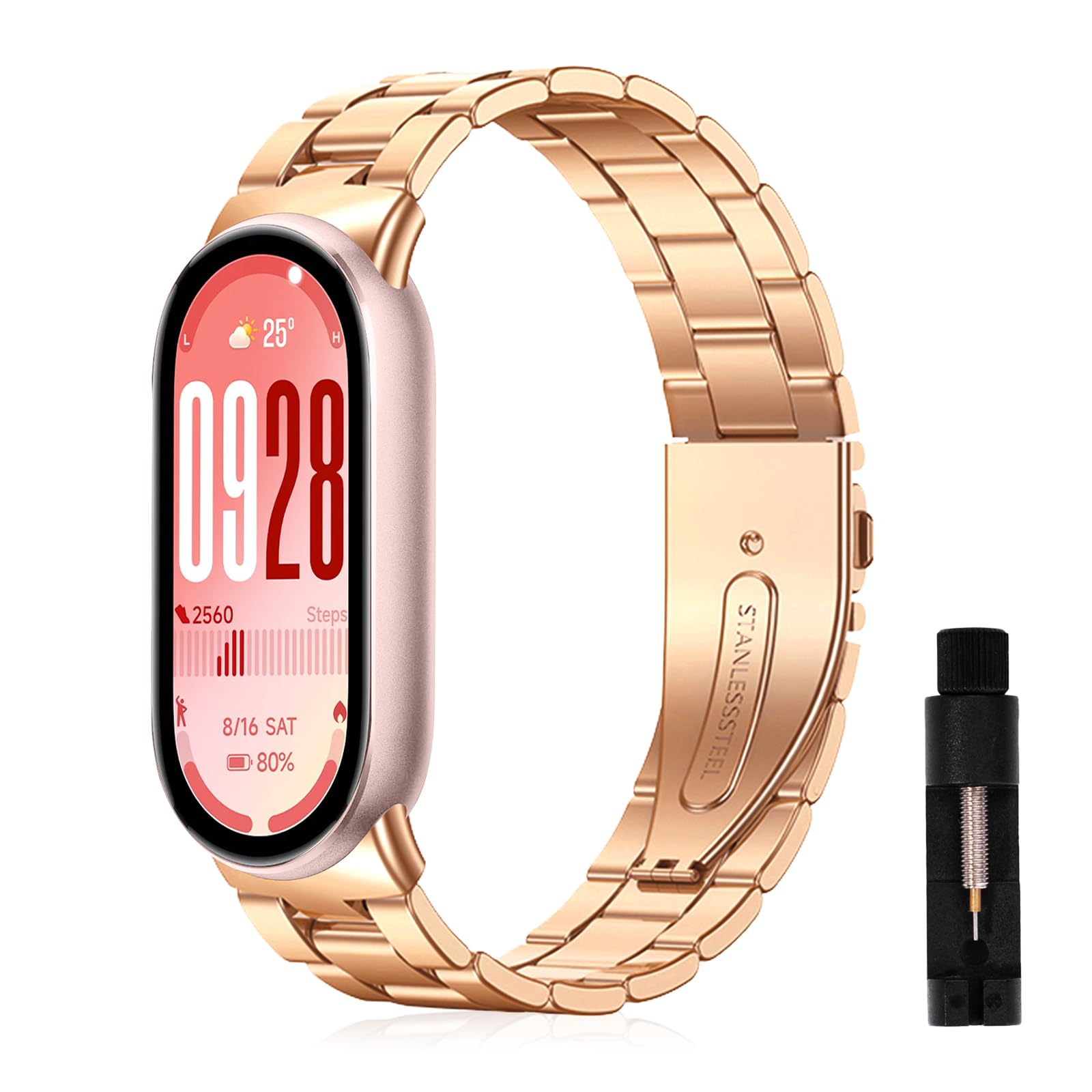 SeNool Strap for Xiaomi Smart Band 10/ Band 9/ Band 8, Metal Stainless Adjustable Replacement Smart Watch Strap Band for Men Women for Xiaomi Mi Band 10/9/ 8- Rose Gold