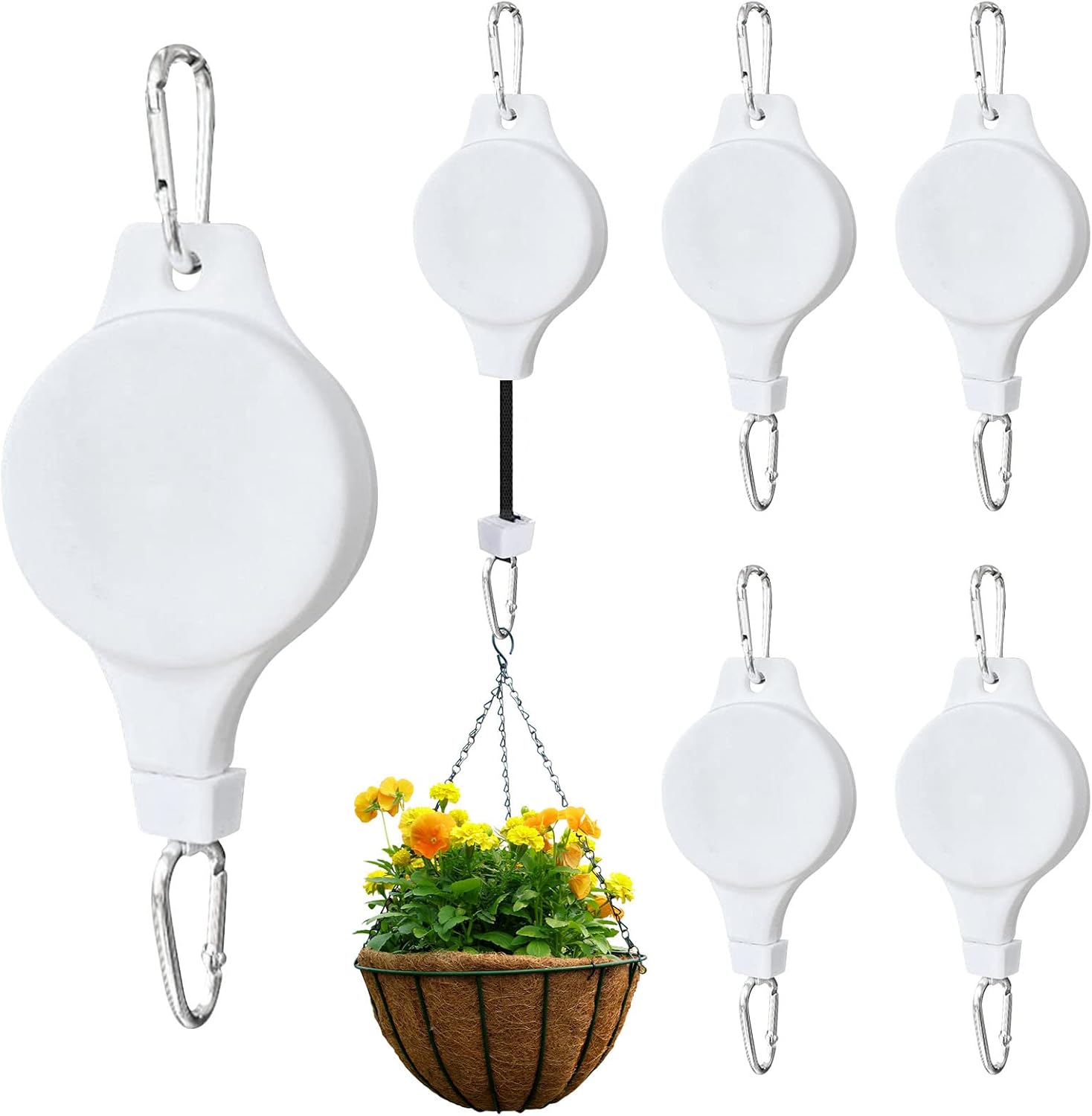 Outdoor Hanging Brackets - ZUOLUN 6 Pack Retractable Plant Pulley Hanger, Heavy Duty Adjustable Hanging Plant Pulleys, Metal Plant Hook Pulley, Indoor Outdoor Plant Hanger for Garden Baskets Pots and Birds Feeder (White)