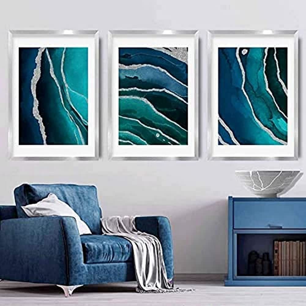 Artze Wall Art Abstract Art Prints 3-Piece Set, 30 cm Width x 40 cm Height, Teal/Blue/Silver