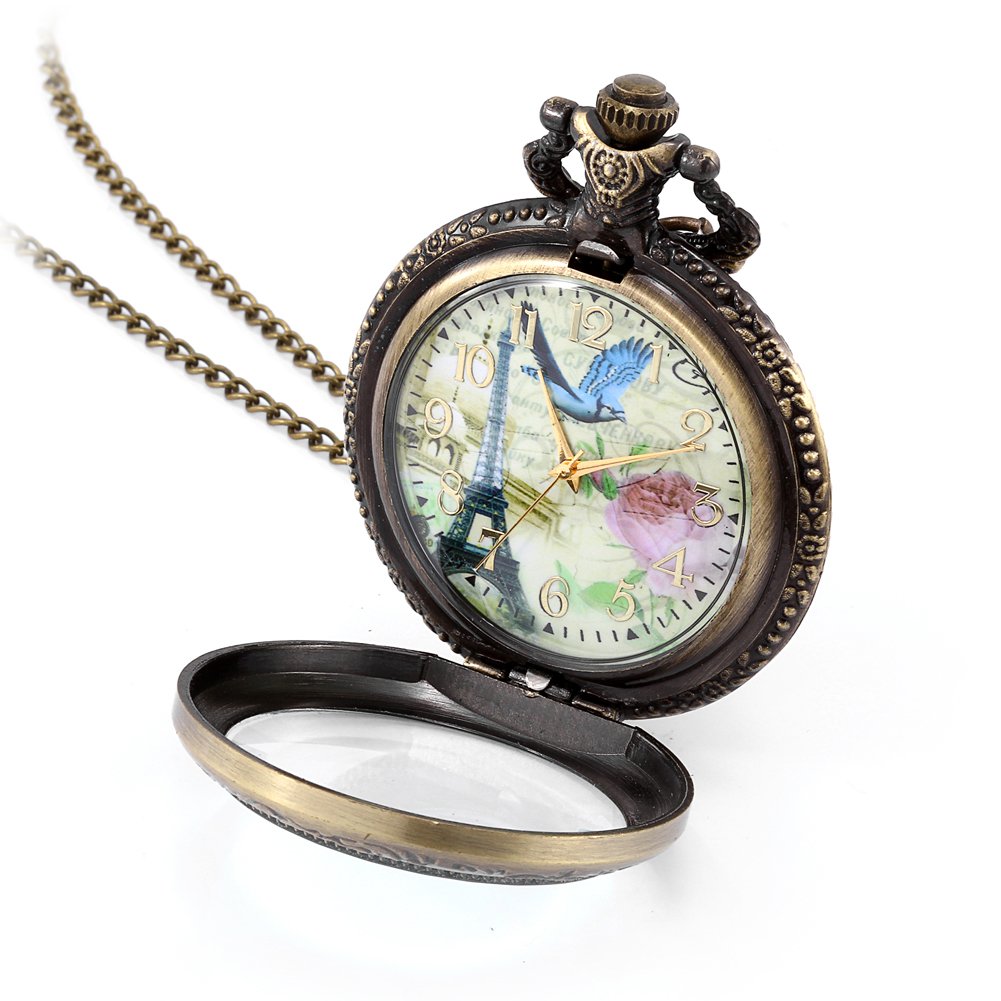 JewelryWe Retro Vintage Style French Tower Pocket Watch Pendant Rose and Bird Design Mens Women's Locket Watch 31" Chain Included (with Gift Bag)
