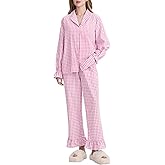Kissonic Women Gingham Pajama Sets Cotton Long Sleeve Button Down Shirt and Pants Y2K Pjs Lounge Set Sleepwear
