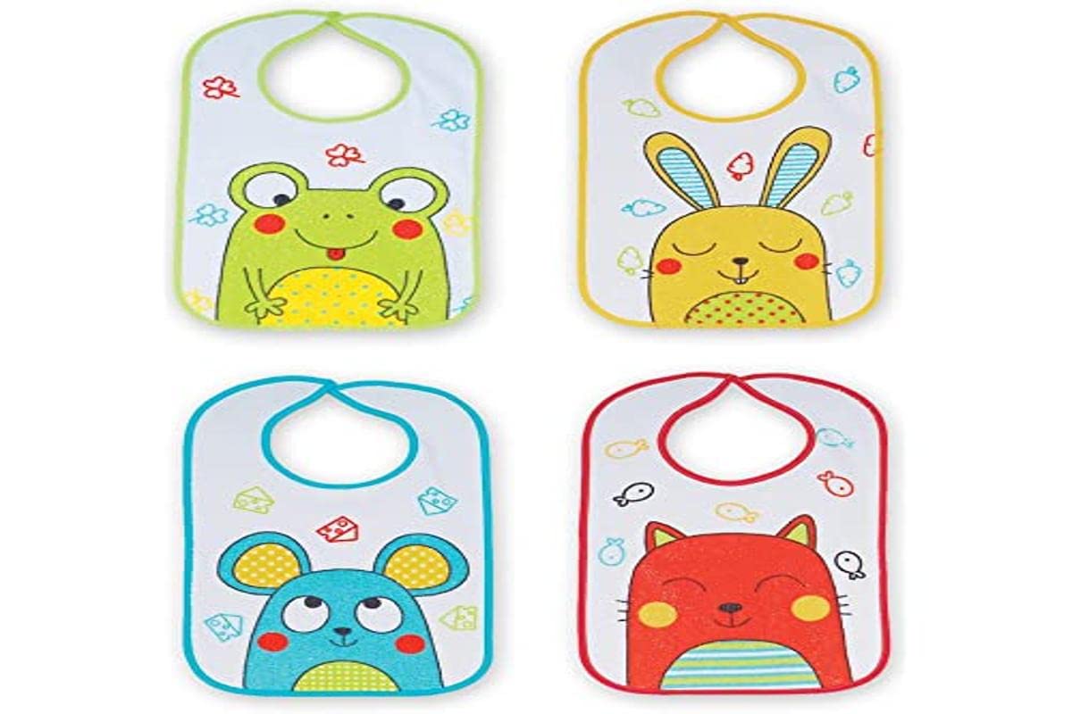 Ti TIN -4 Pack- Waterproof Baby bib, 25x35 cm | bib with Hook-and-Loop Fastener for Babies from 6 to 18 Months, Made of 100% Polyester Microfibre and Vinyl Lining, Various Prints and Colours