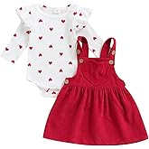 Baby Girl Summer Outfits Heart Pattern Ruffle Long Sleeve Round Neck Romper with Suspender Skirt