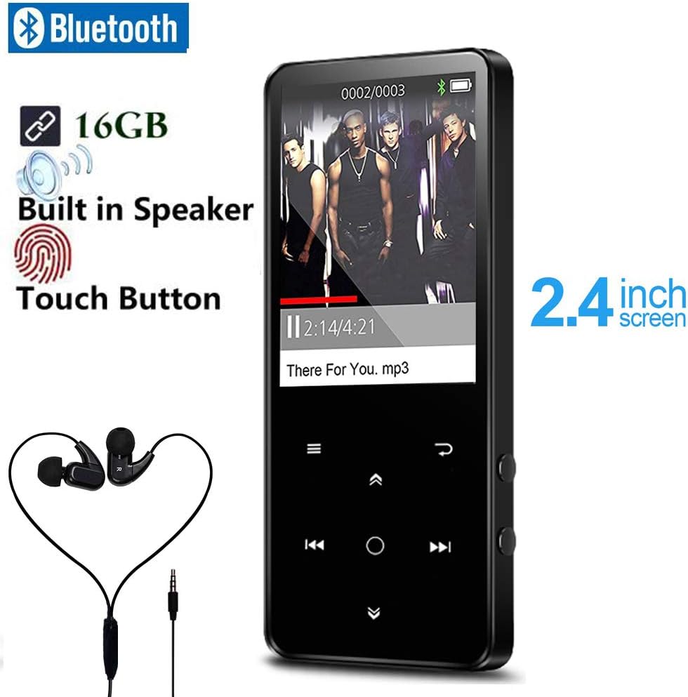 CCHKFEI 16GB Bluetooth 4.0 MP3 Player with 2.4 Inch Color Screen,Lossless Metal Music Player with speaker,FM radio/Voice recorder,Touch button Support Up to 128gb-Black