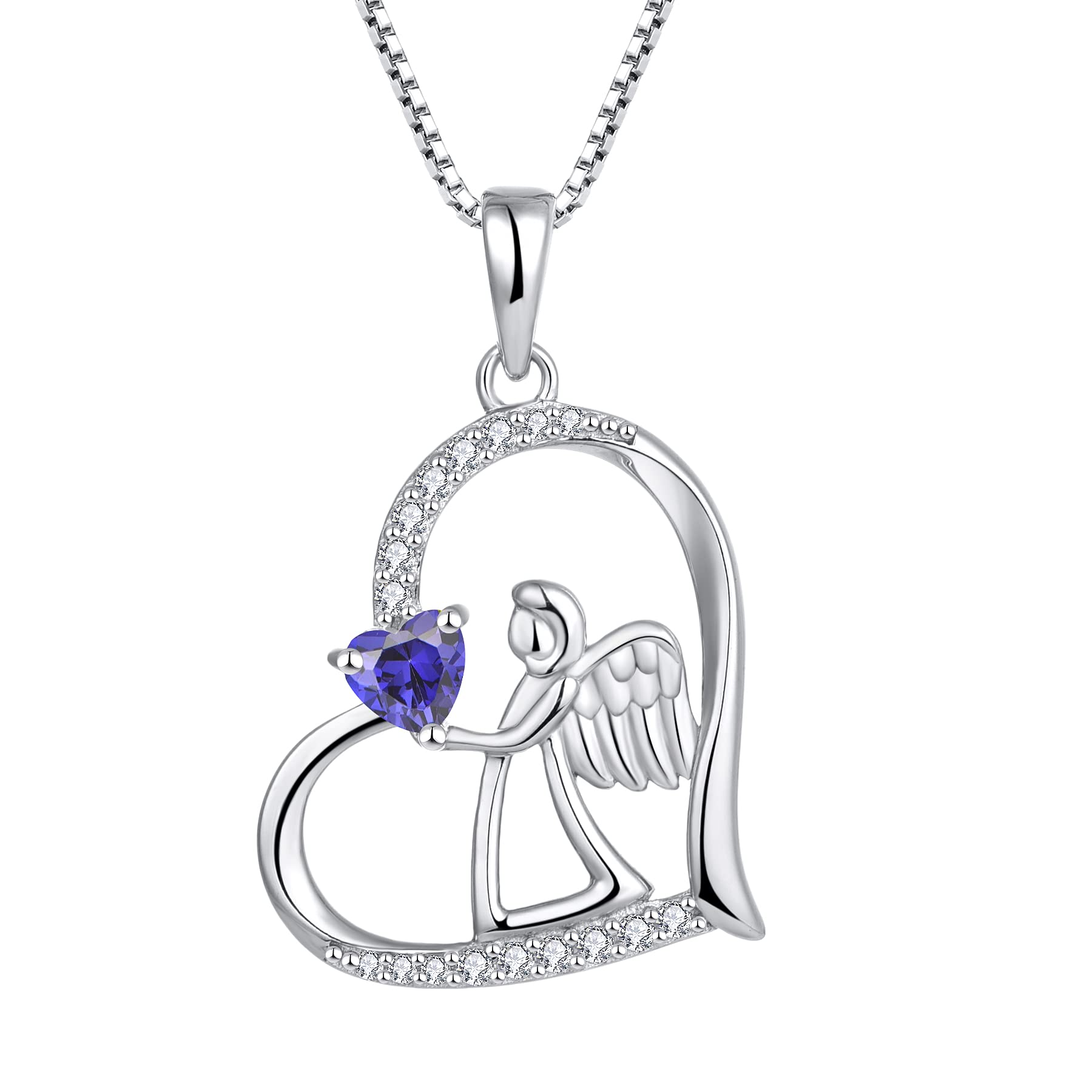 FJ Heart Guardian Angel Necklace 925 Sterling Silver Angel Wing Pendant Tanzanite Necklace December Birthstone Jewellery for Women