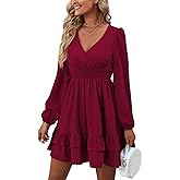 Rooscier Women's Wrap V Neck Swing Ruffle Swiss Dots Long Sleeve Mini Dress