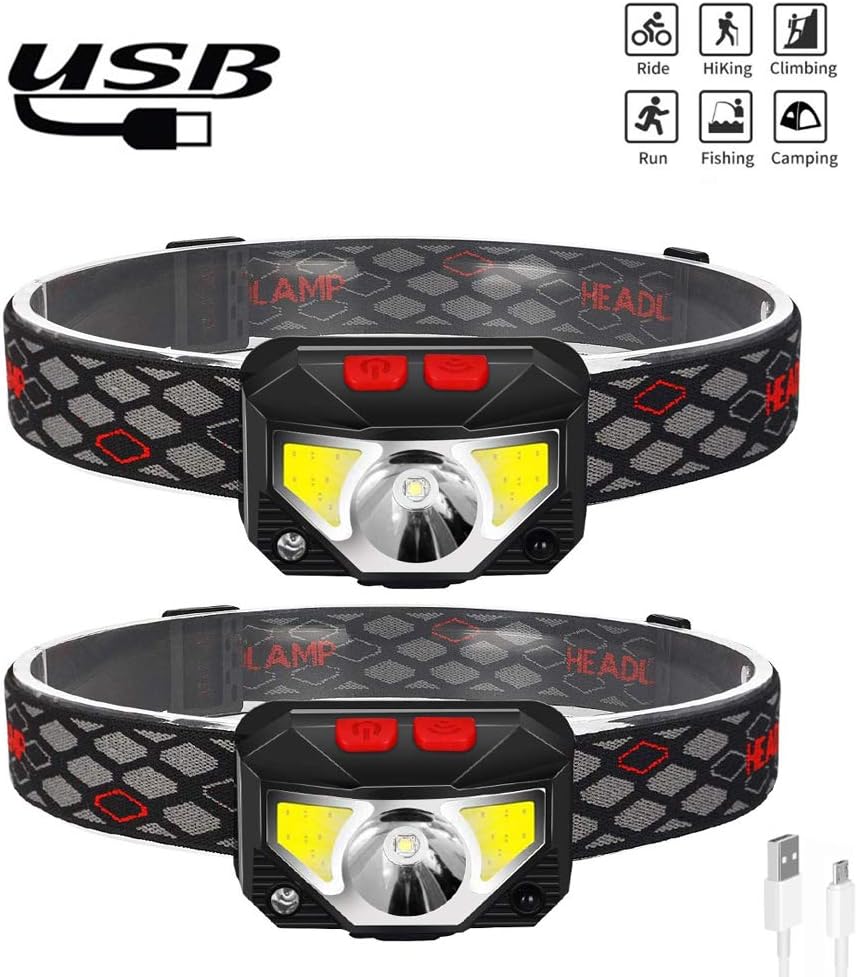 LED Rechargeable Headlamp, Headlights With 5 Lighting Modes, COB Enhanced USB Head Lamp/ 800Lumens Motion Sensor Head Lamp/ 200m Range, IP65 Waterproof Best For Running, Hiking 2Pack (Red) - - 