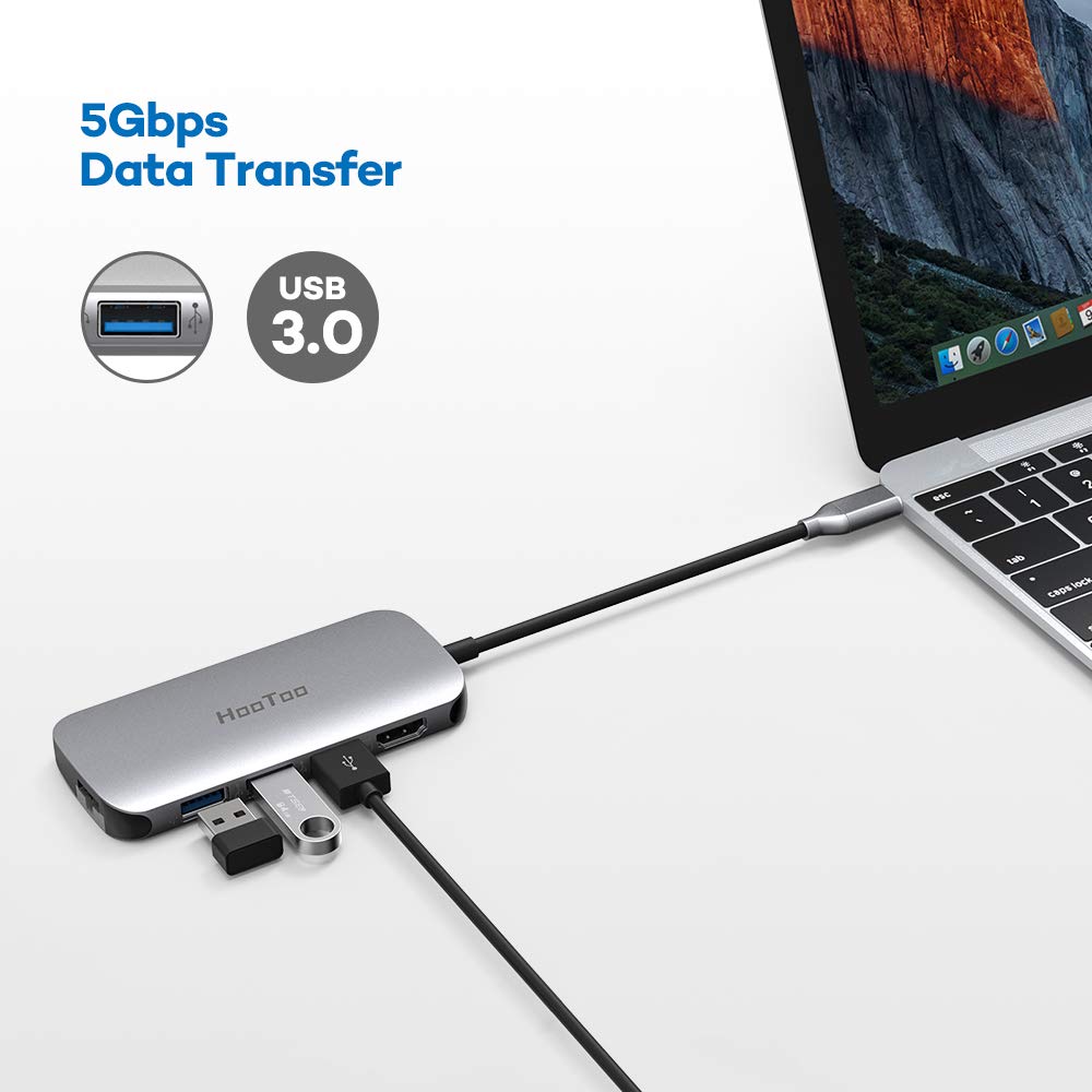HooToo USB C Hub, 7in1 Adapter with Gigabit Port, SD/TF Card