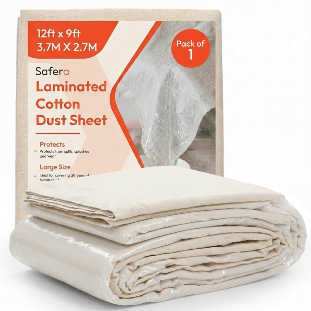 Laminated Cotton Dust Sheets for Decorating & Painting Size 12ft X 9ft | Paint Cover Sheets Backed with Plastic Polythene Sheeting | Drop Cloth for Painting, Furniture, Floor, StairCase