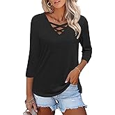 Heymiss Womens Tops 3/4 Sleeve V Neck Shirts Loose Casual Tunic Blouses Criss Cross Summer Tshirts