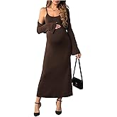 OYOANGLE Women's Maternity 2 Piece Outfits Scoop Neck Bodycon Long Cami Dress and Long Sleeve Cropped Cardigan Set