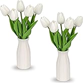 Briful 2 Packs Faux Flowers Artificial Tulips with Ceramic Vase, Poly Foam White Tulips Real Touch Flower Arrangement for Home Kitchen Wedding Centerpiece Decoration