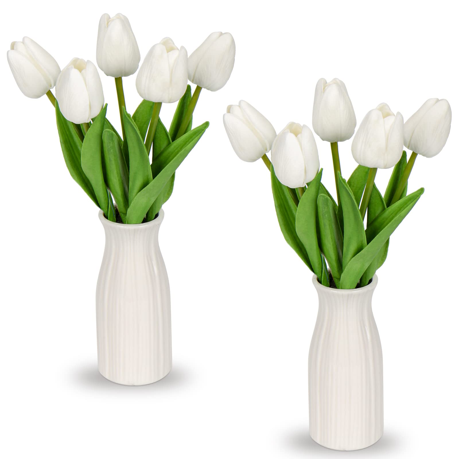 Briful 2 Packs Fake Flowers Artificial Tulips with Ceramic Vase, White Artificial Flowers Poly Foam Tulips Real Touch Flowers Artificial in Vase for Home Decor, Centerpieces, Wedding Decoration