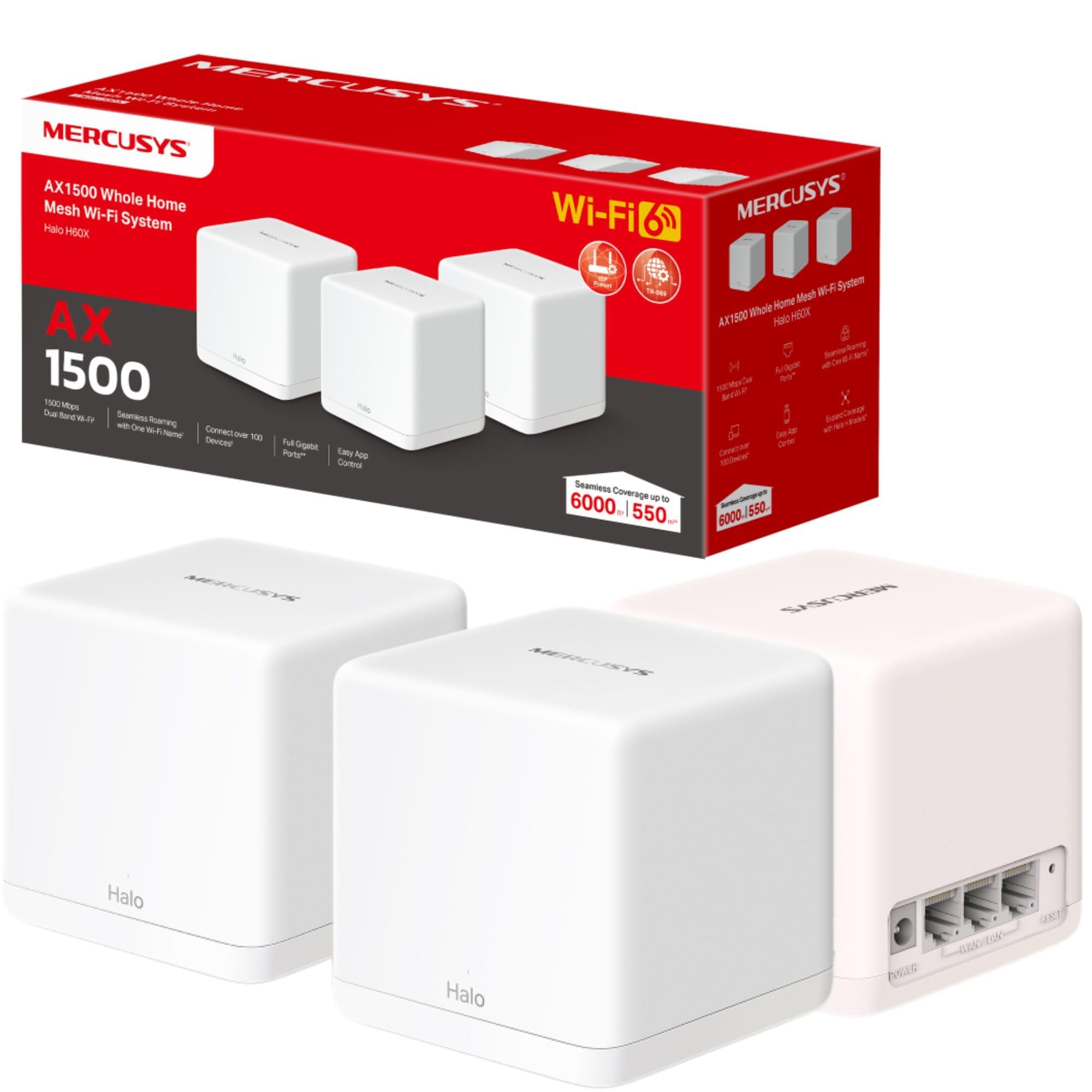 MERCUSYS AX1500 Whole Home Mesh WiFi 6 System, Coverage up to 6,000 ft² (550 m²), Connect up to 100 Devices, 1024-QAM, Full Gigabit Ports, Dual Band Wi-Fi, Easy App Control, Halo H60X (3-pack)