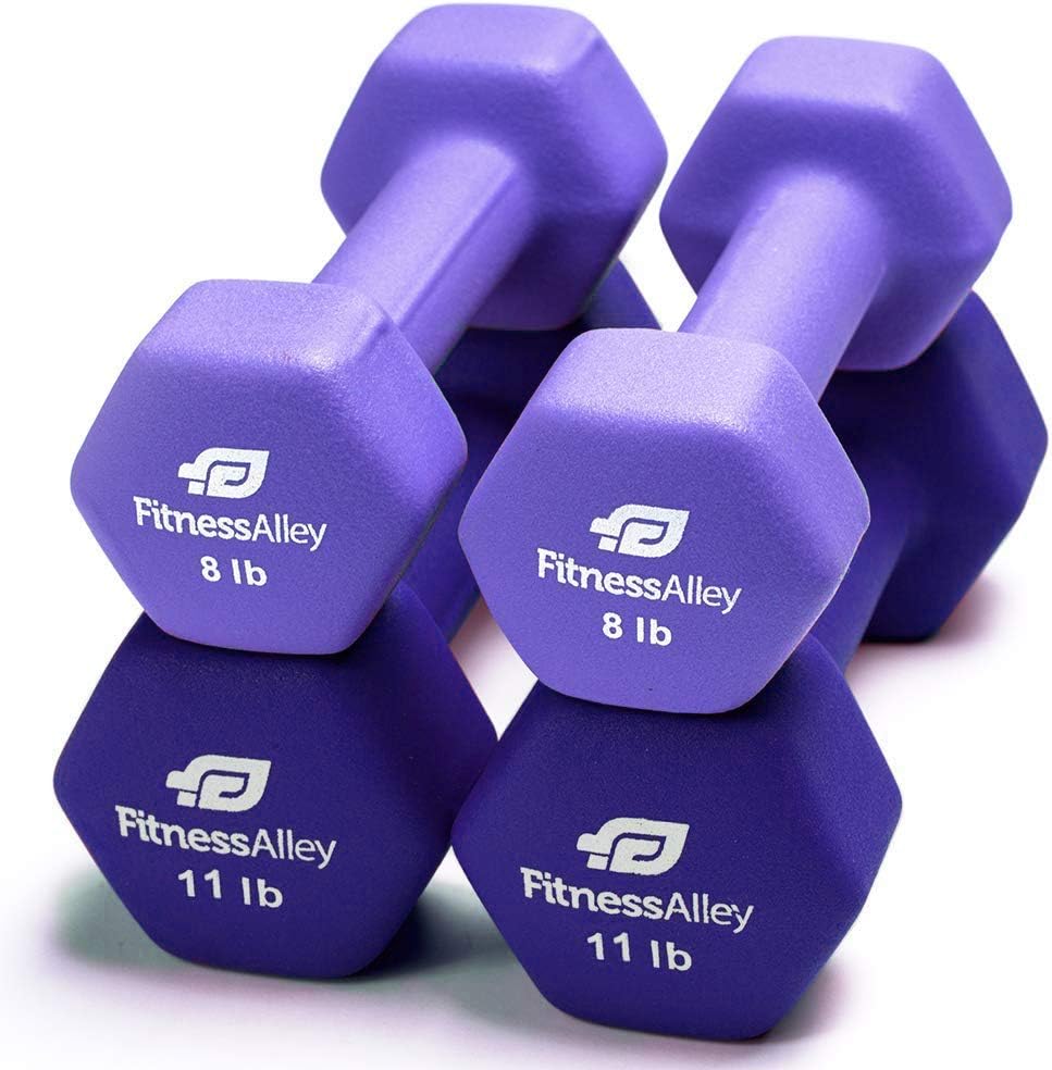 Fitness Alley Neoprene Dumbbells - Free Weights Hex Hand Weights - Dumbbell Pairs Combo Set (2 Dumbbell Set - (8lbs & 11lbs Pairs))