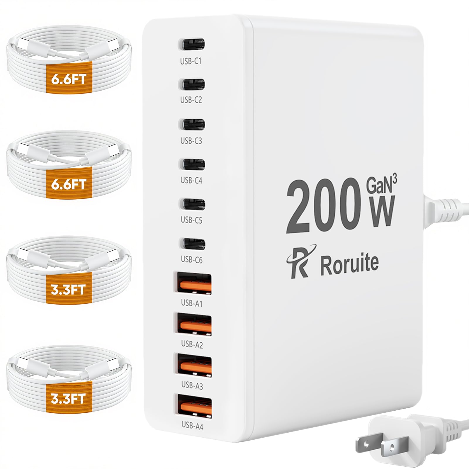 200W USB C Charging Station 10 Port with 4 Cables,GaN Type C Charger Block, Wall Charger Power Strip Adapter Plug for iPad iPhone17 16 15 14 13 12 Pro Max Pixel Note Galaxy Image