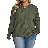 DOLNINE Plus-Size-Hoodies for Women Fall Dressy Hooded Sweatshirt Lightweight Long Sleeve Ribbed Knit Pullover Sweaters