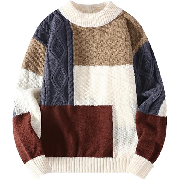 Cambkatl Men's Color Block Texture Sweater - Cable Knit Loose