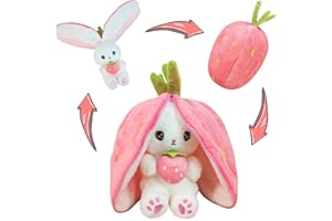 YUMEYA Bunny Stuffed Animal Reversible Cuddle Bunny Stuffed Pillow,Strawberry Bunny Transformed Rabbit Plush Zipper,Cute Kawaii Rabbit Toys Pillow Decoration for Kids (Strawberry)