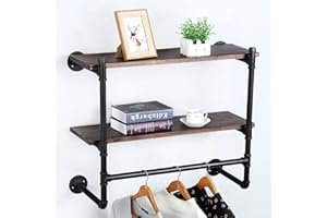 HAOVON Industrial Pipe Clothing Rack Wall Mounted Wood Shelf,Pipe Shelving Floating Shelves,Retail Garment Rack Display Rack Clothes Racks(2 Tier,30in)