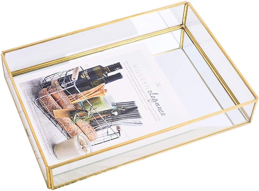 Sooyee Gold Tray Mirror, Rectangle Mirror Tray can Hold Perfume, Jewelry, Cosmetics, Makeup, Magazine and More,Decorative Tray for Vanity,Dresser,Bathroom,Bedroom(12”x8 x2): Home & Kitchen