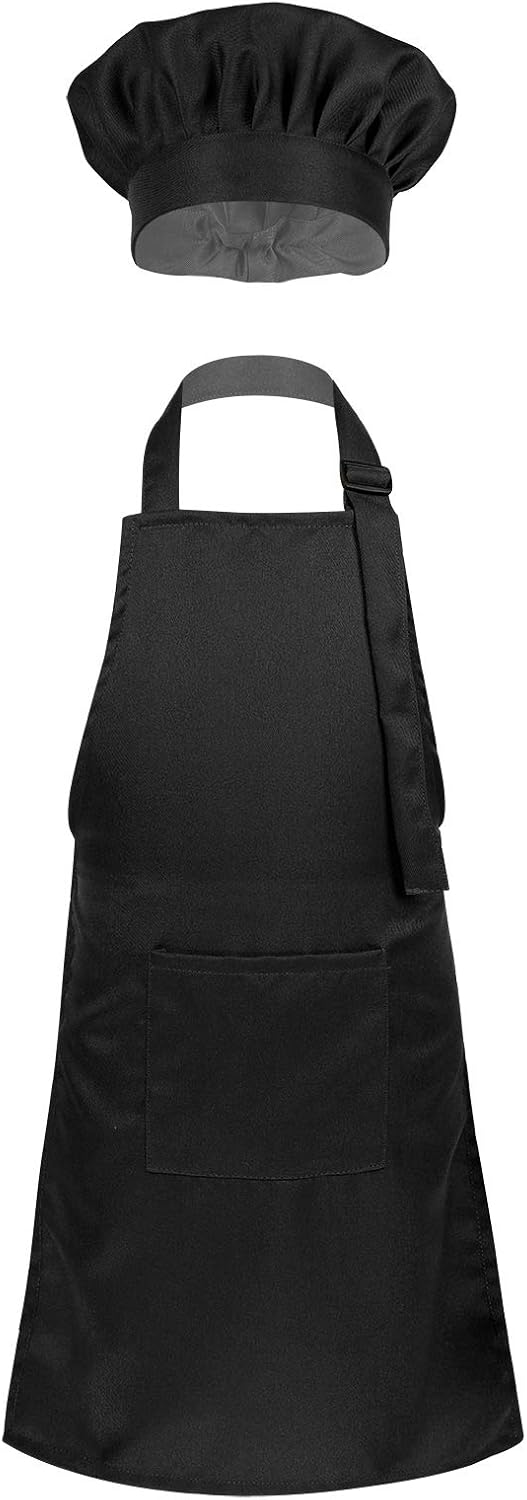 inlzdz Kids Children Chef Kitchen Apron Hat Outfit Adjustable Bib Artist Apron for Cooking Baking Painting Training Crafting Wear Black 8-12 Years