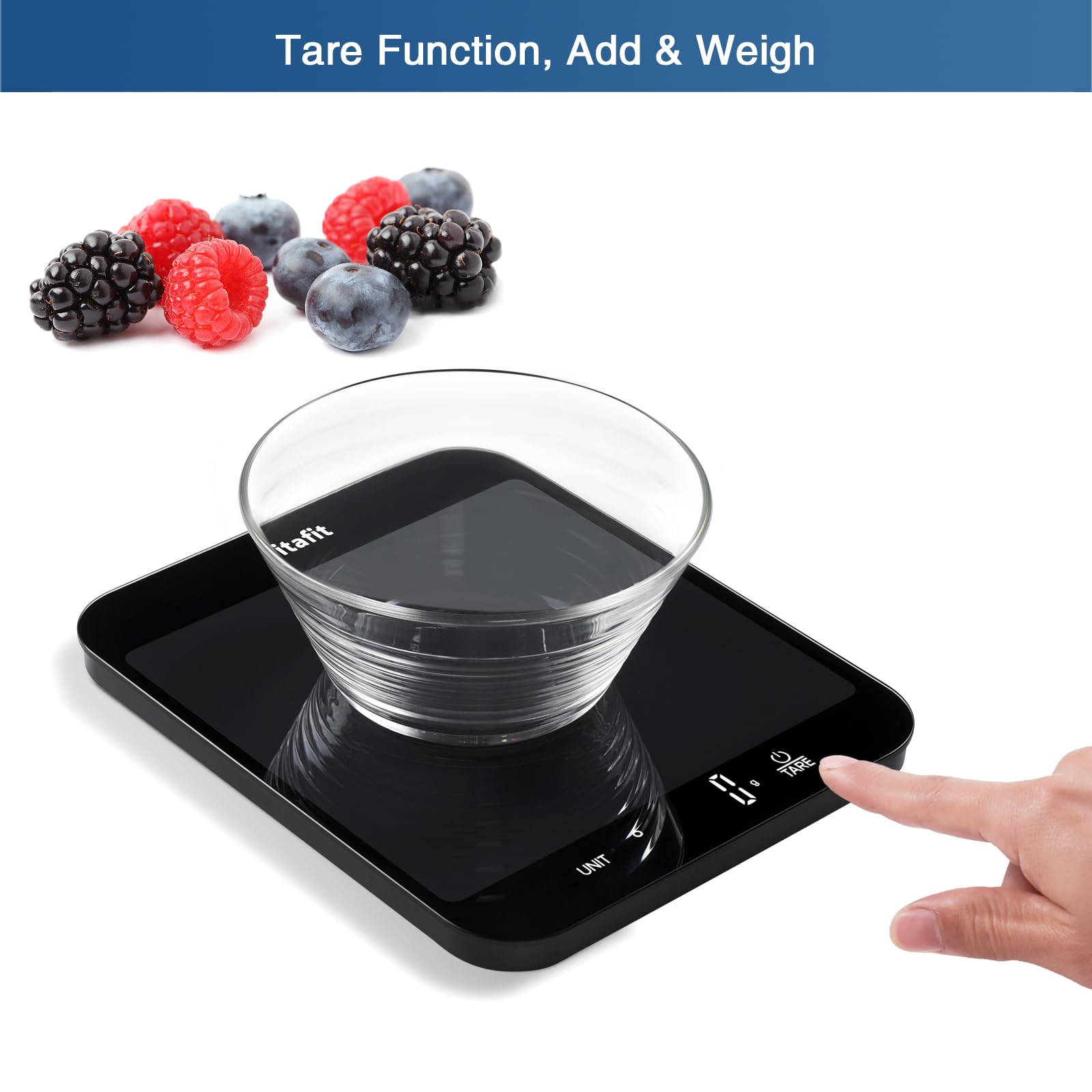 Vitafit 15 kg Digital Kitchen Scale, Multifunctional Food Scale, Digital Scale, Letter Scales with LED Display, Tempered Glass, Weight Gram, 1 g, Correctness, Black