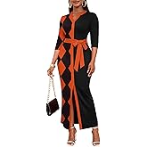 Nmoder Maxi Dress for Women Long Church Cocktail Casual Dresses Colorblock Front Split 3/4 Sleeve V Neck Pencil Dress