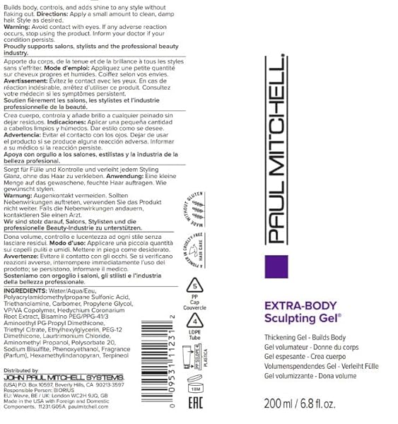 PAUL MITCHELL EXTRA-BODY SCULPTING GEL, THICKENS + BUILDS BODY, FOR FINE HAIR, 6.8 FL. OZ.