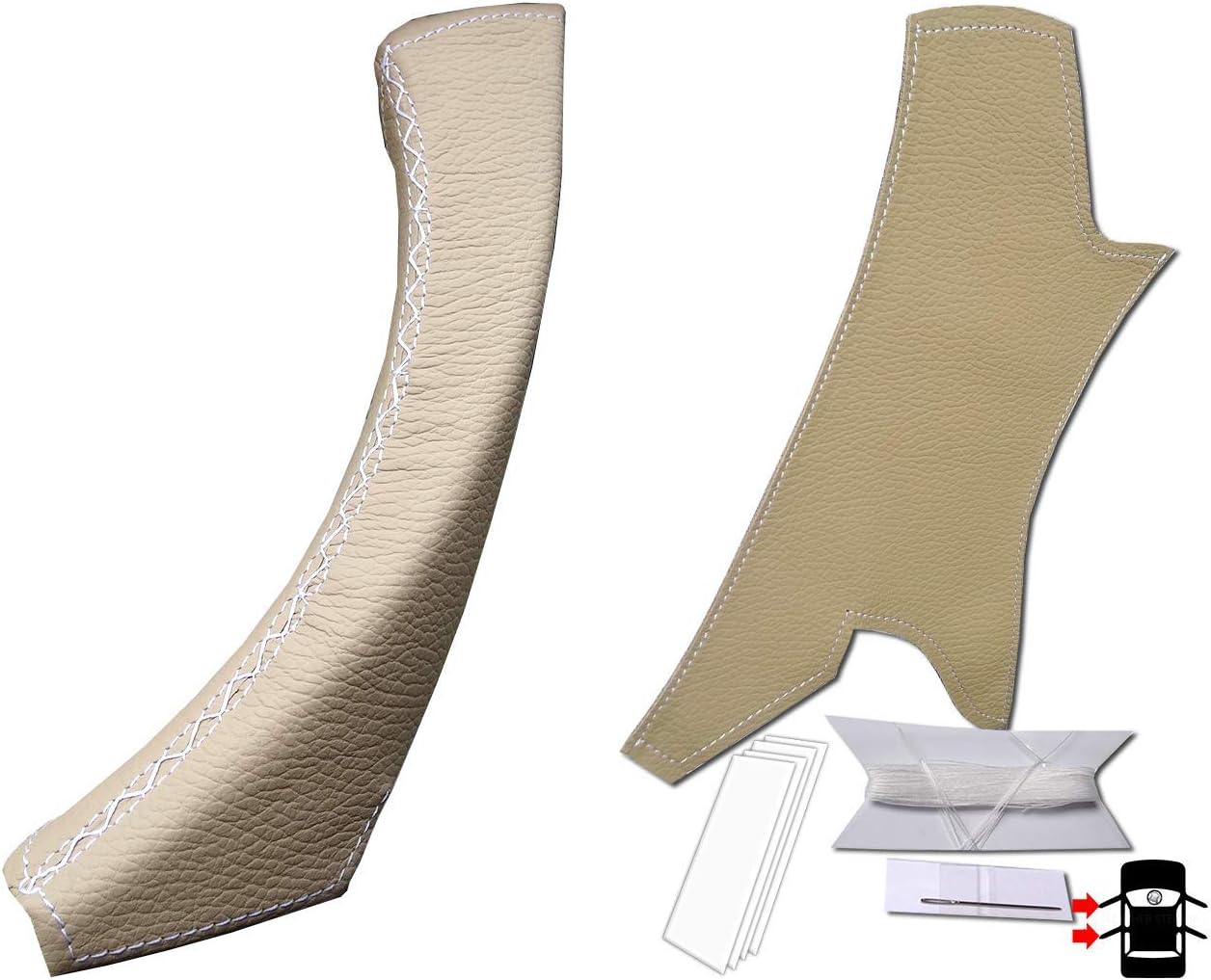 Left Passenger Beige Door Handle Cover - Genuine Beige Leather Repair for Sticky Door Handles in 3 Series E90 E91 E92 and M3 - White Stitch