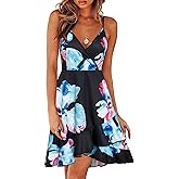 ULTRANICE Womens Summer Dresses Floral V Neck Ruffled Hem Spaghetti Spring Casual Beach Outfits Flowy Wrap Sun Dress