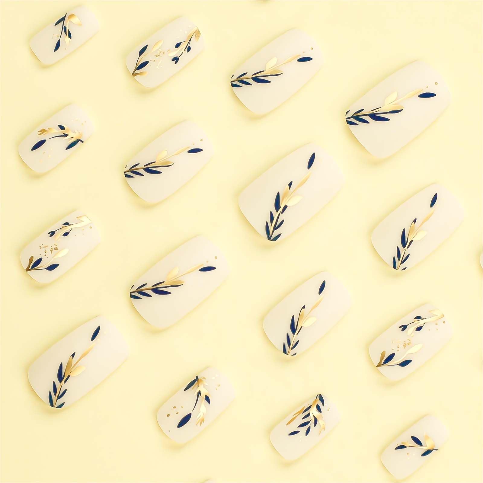 RUOKEXIN 24Pcs White Square Press-on Nails with Gold Blue Leaf Designs, Glossy Acrylic False Nails, 12 Different Sizes, 1 Fl Oz (Pack of 24), 18 Sets - Image 4