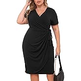 Nemidor Plus Size Dresses for Curvy Women Summer Casual Wrap Bodycon Midi Short Sleeve Pleated Dress 14-26