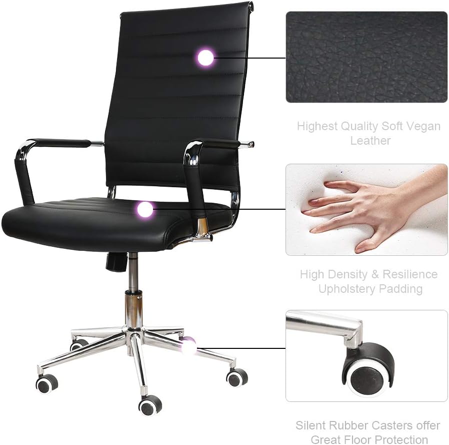 LUCKWIND Ergonomic Office Chair Ribbed Leather Swivel - Adjustable Height Tilt Arm Sleeves Lumbar Support High Back Upholstery Executive Modern Conference Computer Chrome Wheel Caster 350lb Big Black: Kitchen & Dining