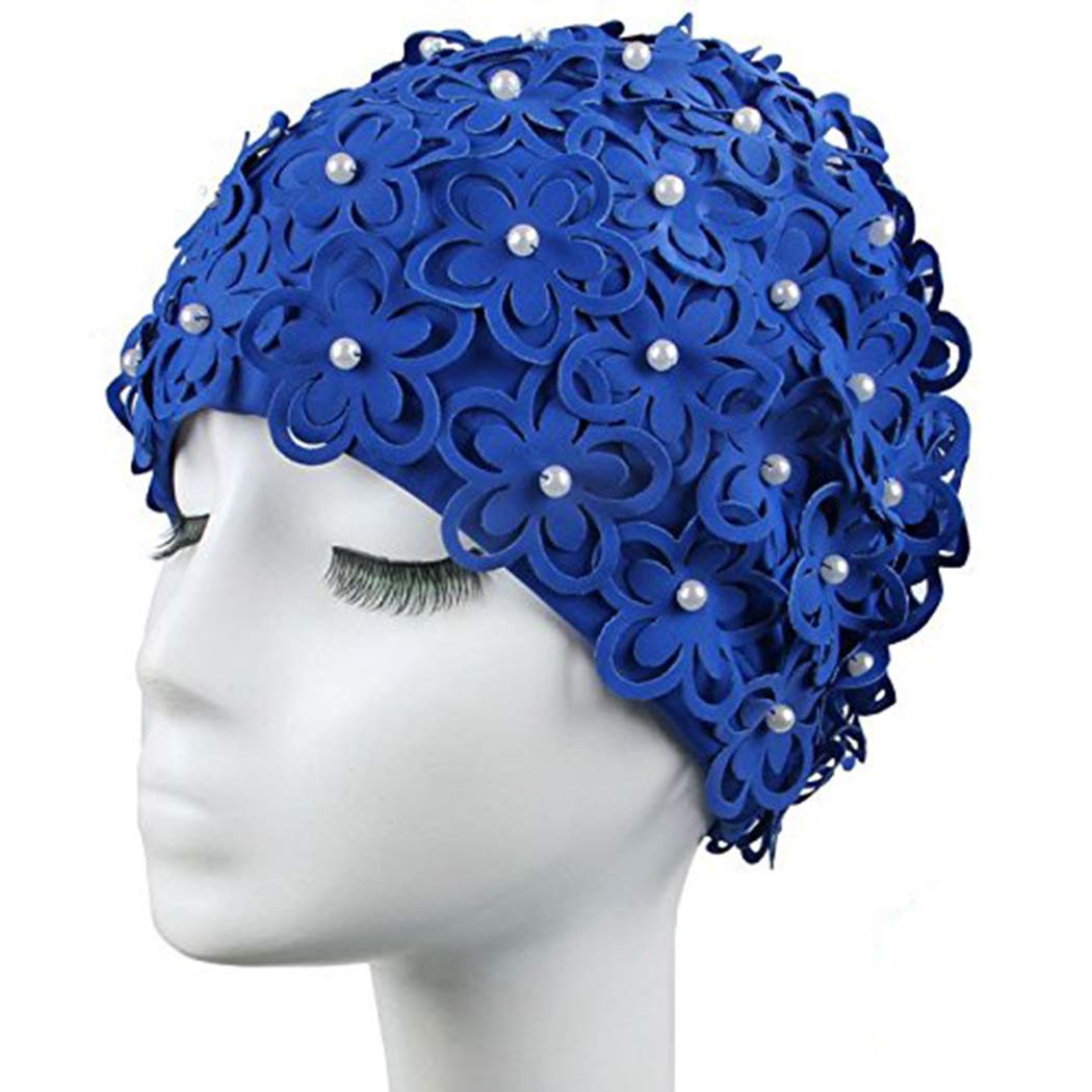 Medifier Hollow Flowers Pearls Sewn by Hand Women's Ladies Swimming Hat Swim Cap Bathing Cap (Blue)