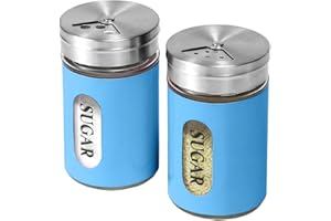 STJKBDFC Sugar Shaker Duster Stainless Steel and Glass Set with Adjustable Pour Holes Cinnamon Shaker For Coffee Bar,set of 2 (Blue)