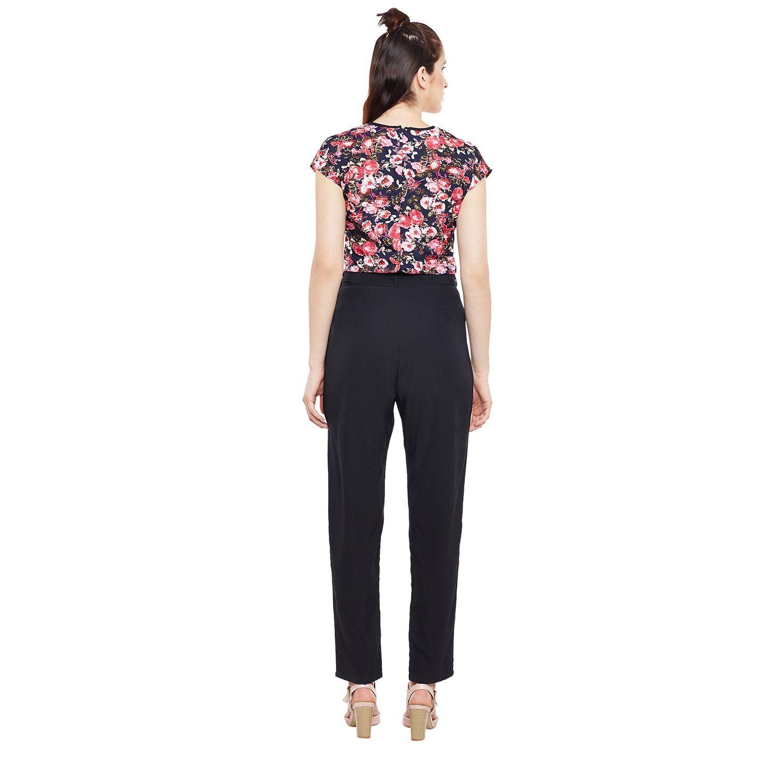 florrie fusion women's black crepe designer floral long length jumpsuit