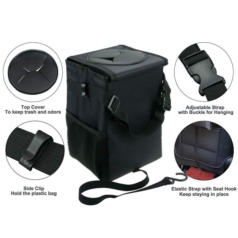Flysea Car Trash Can, Leakproof Vehicle Trash Can with Lid, Collapsible Storage Organizer Pocket and Odor Blocking Waterproof Car Trash Bag for Home Travel Car Truck SUV Taxis and More