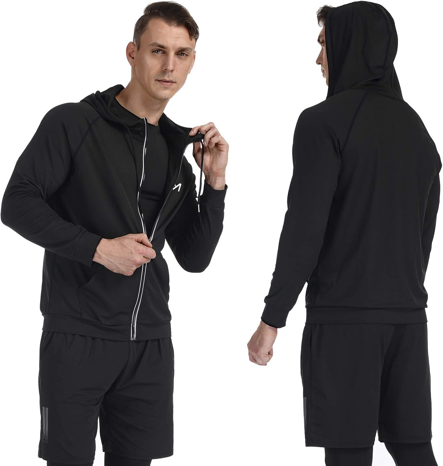 Running Jacket for Men, Long Sleeve Shirt Hooded Track Top Reflective Full Zip Sports Fitness Workout Gym Active Jacket: Clothing