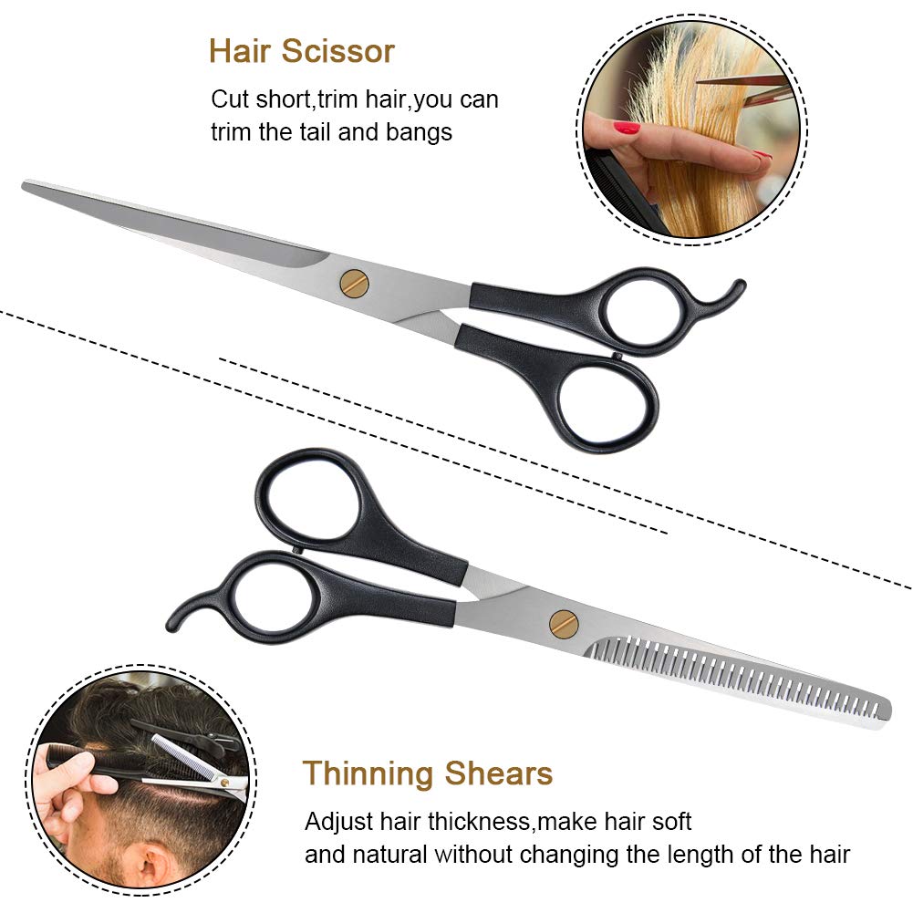 URAQT Haarschere Set, 2 Scharfe Professionell Scheren-Sets, Licht Einseitiger Effilierer, Scharfe Friseurscheren, Haarschneideschere, Kamm, für Damen,Herren,Kinder,Haustier, Schwarz 4